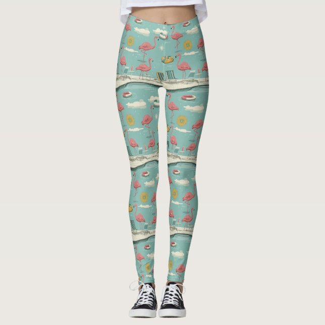 Leggings Motif Été Rétro Flamingo Piscine (5) (Devant)