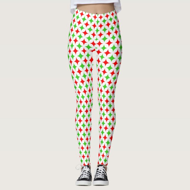 Leggings Motif étoile diamant vert et rouge sur blanc (Devant)