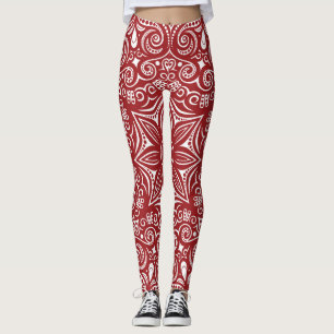 Leggings Motif Fantaisiste Rouge Foncé et Blanc
