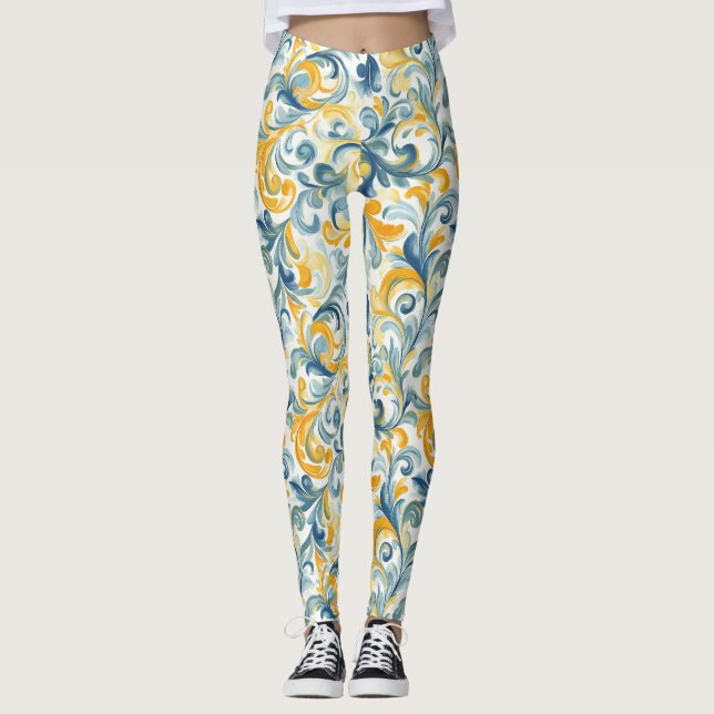 Leggings Motif feuille bleu et or Paisley (Devant)