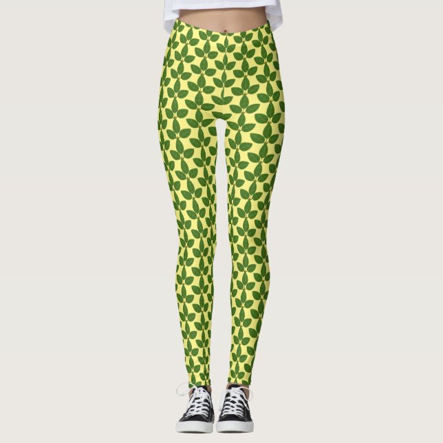 Leggings Motif Feuille de Green Laurel moderne sur Jaune (Devant)
