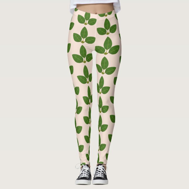 Leggings Motif Feuille de Green Laurel moderne sur l'ivoire (Devant)