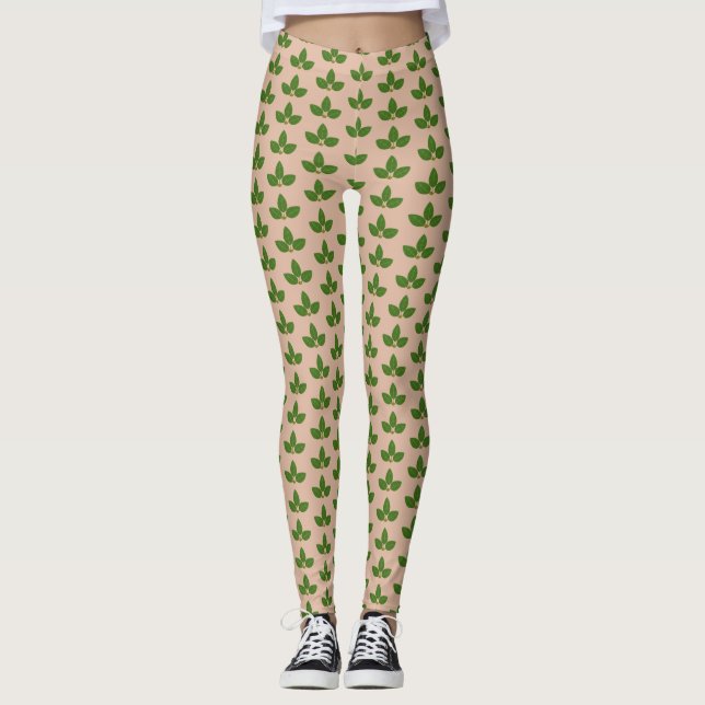 Leggings Motif Feuille moderne Green Laurel sur le beige (Devant)