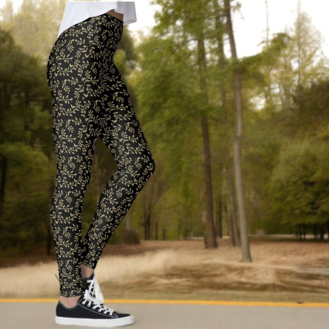 Leggings Motif Feuille verte sur noir (fern pattern on black leggings)