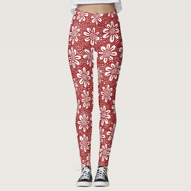 Leggings Motif Fleur Dessiné À La Main 140617 - Rouge Ruby (Devant)