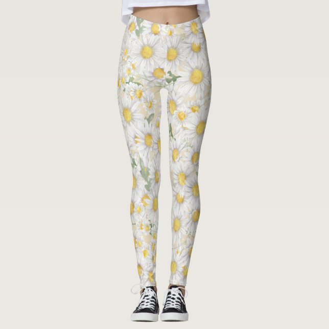 Leggings motif fleurs blanches aquarelle (Devant)
