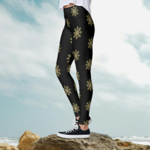Leggings Motif Flocon de Neige Pailleté Noir et Or Élégant