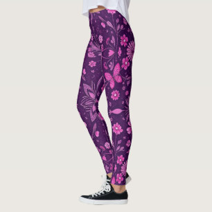 Leggings Motif Floraison Fairycore Rose et Violet