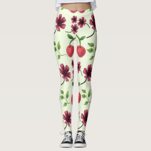 Leggings Motif floral à cerises rouges 