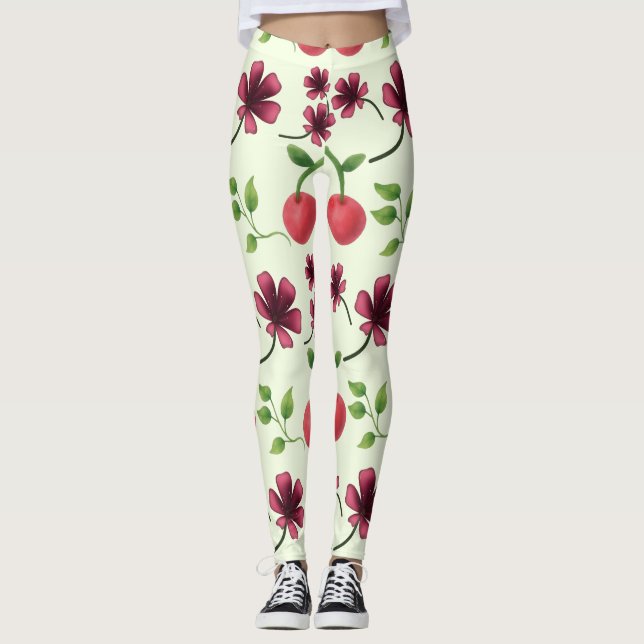 Leggings Motif floral à cerises rouges  (Devant)