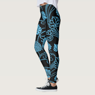 Leggings Motif floral antique noir sur bleu