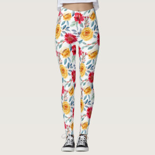 Leggings Motif floral aquarelle joyeux en rose jaune
