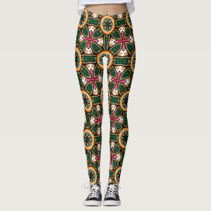 Leggings Motif floral Art Déco orange émeraude