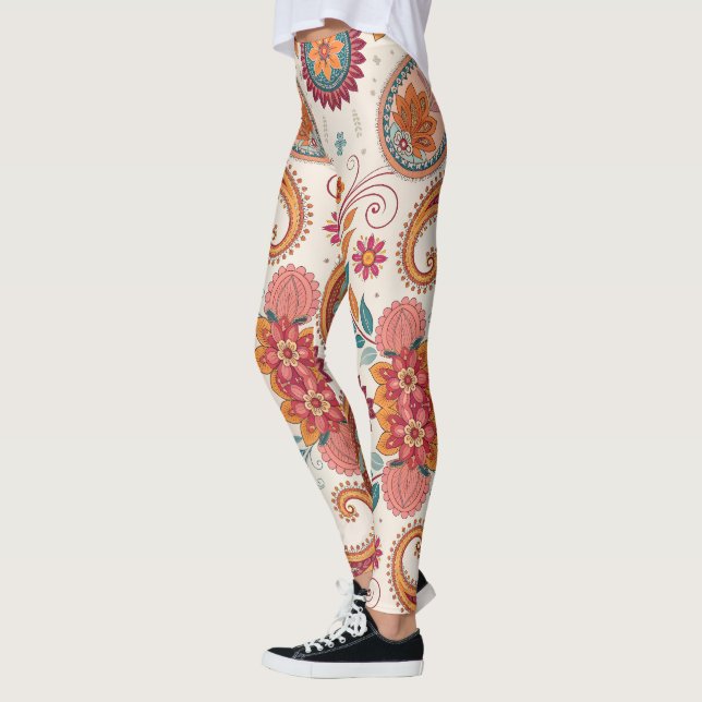 Leggings Motif floral blanc paisley boho vibrant  (Gauche)