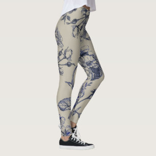 Leggings Motif floral botanique toile bleue vintage antique