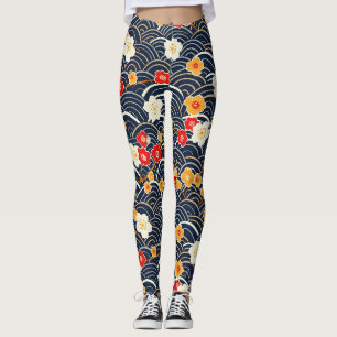 Leggings Motif floral de fleur de prunier à vague japonaise