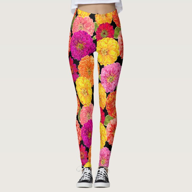 Leggings Motif floral de jaune de rose de Zinnias d'été (Devant)