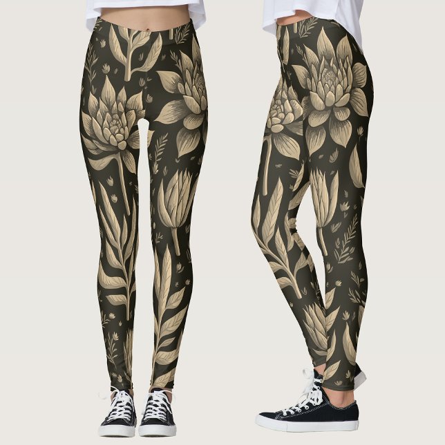 Leggings Motif floral de succulentes bohème monochrome élég (Créateur téléchargé)