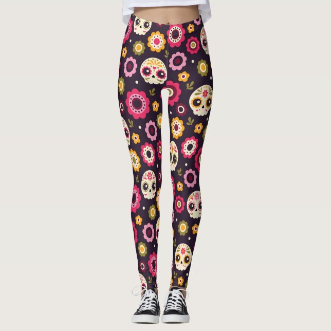 Leggings Motif floral du crâne de sucre mexicain (Devant)