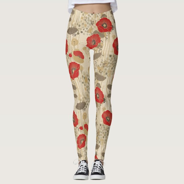 Leggings Motif floral du pavot rouge (Devant)