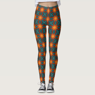 Leggings Motif floral géométrique rétro orange sarcelle