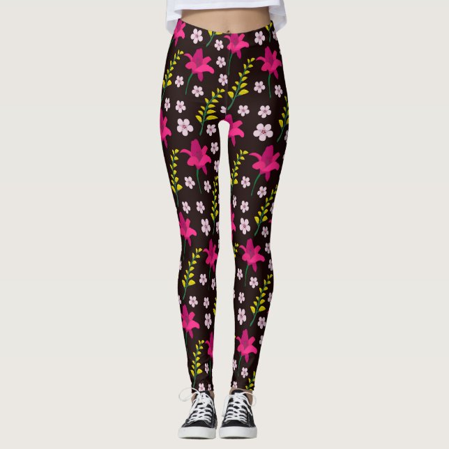 Leggings Motif floral gras sur arrière - plan noir (Devant)