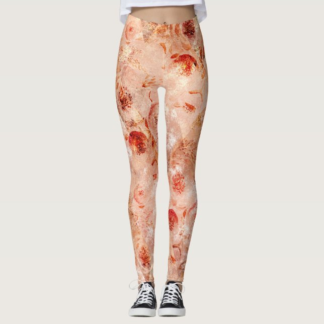 Leggings Motif floral grunge. Fond corail.  (Devant)