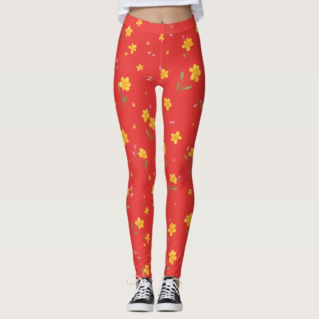 Leggings Motif floral jaune sur rouge (Devant)