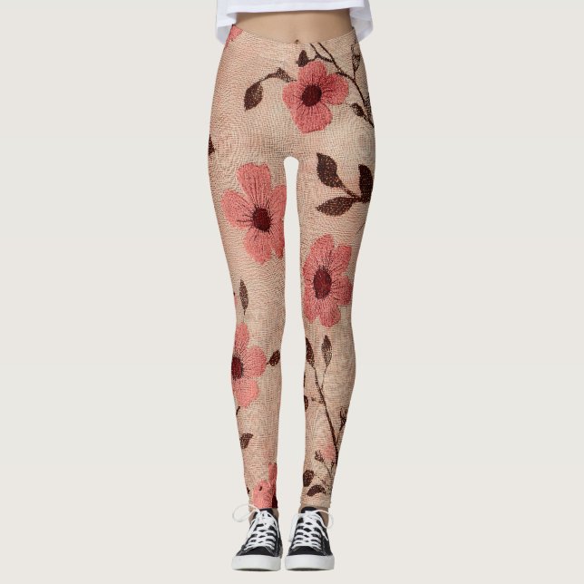Leggings Motif Floral Lin Rustique Rose (4) (Devant)