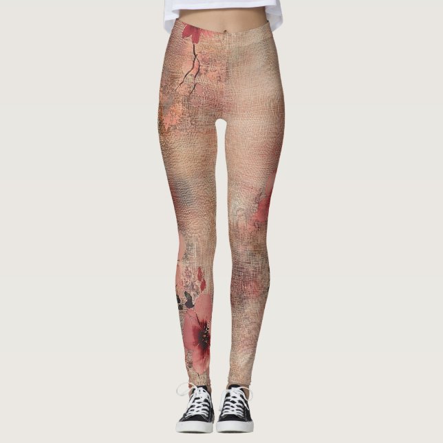 Leggings Motif Floral Lin Rustique Rose (6) (Devant)