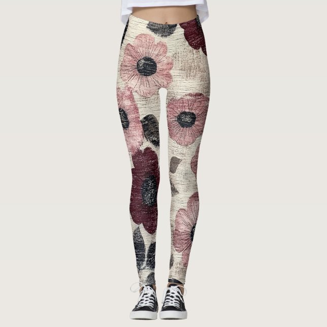 Leggings Motif Floral Lin Rustique Rose (7) (Devant)