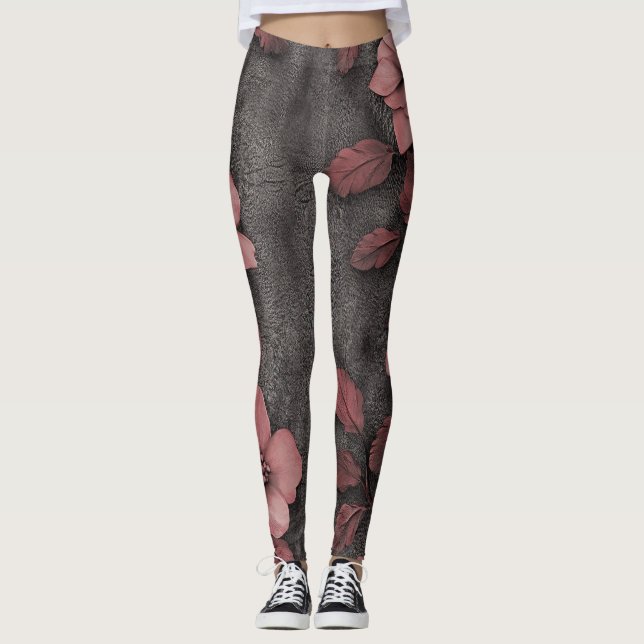 Leggings Motif Floral Lin Rustique Rose (8) (Devant)
