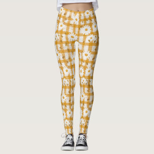 Leggings Motif floral marguerrier blanc sur En vichy jaune 