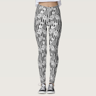 Leggings Motif floral noir et blanc rétro rayé