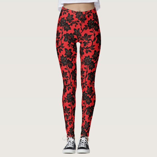 Leggings Motif floral noir rouge (Devant)