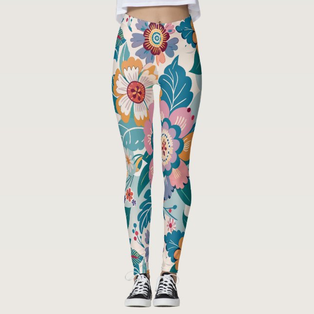 Leggings Motif Floral Retro Est Pastel Personnalisé (Devant)