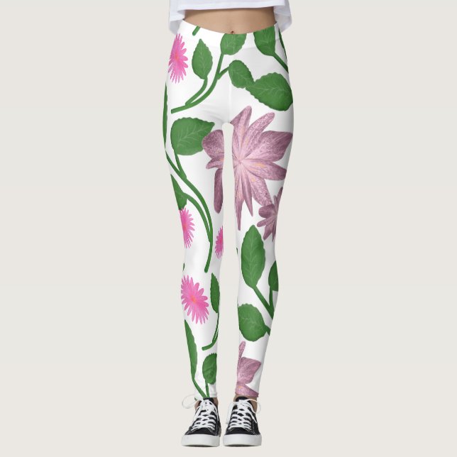 Leggings Motif floral rose avec feuilles vertes (Devant)