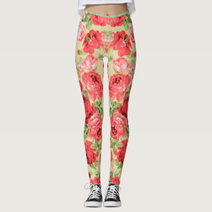 Leggings motif floral rose et feuille
