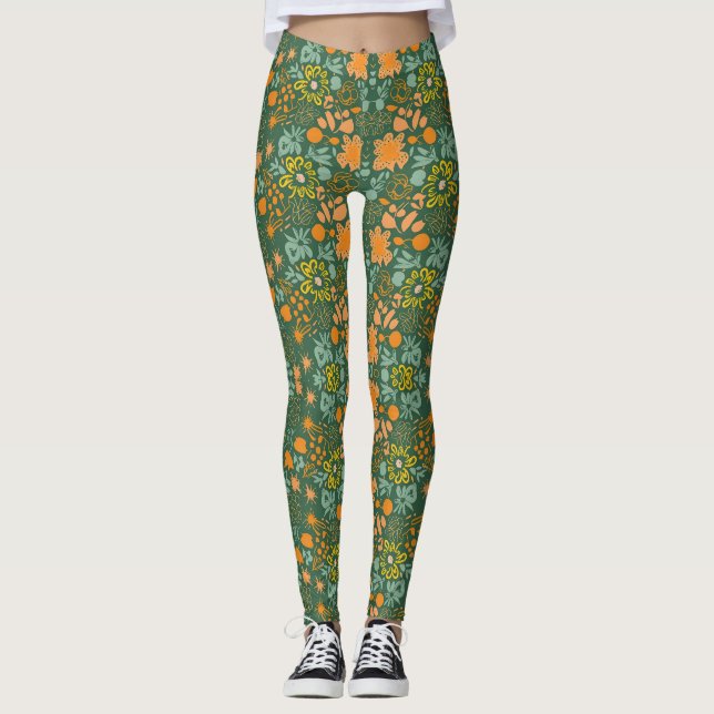 Leggings Motif floral sur fond vert foncé  (Devant)