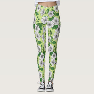 Leggings Motif floral tropical à fleurs d'Hibiscus blanc