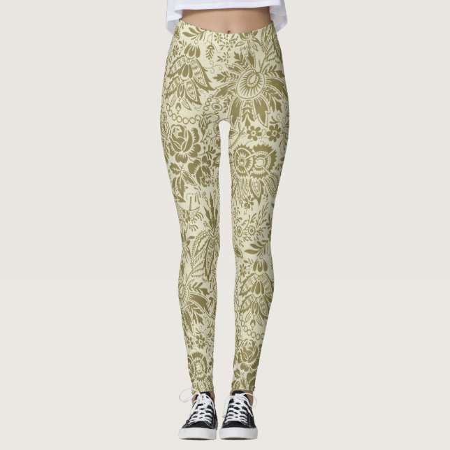Leggings Motif Floral Vert Sage Antique Damas (Devant)