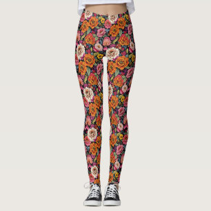 Leggings motif floral vintage aux couleurs vives en noir