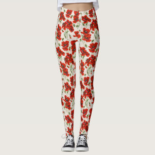 Leggings Motif floral vintage rouge coquelicot Art botaniqu