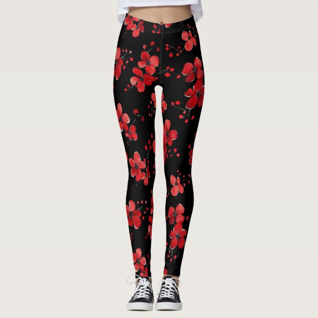 Leggings Motif foncé à fleurs rouges (Devant)
