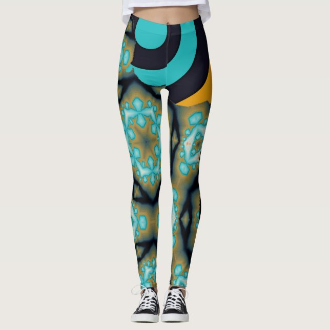 Leggings Motif fractale et géométrique en orange turquoise (Devant)
