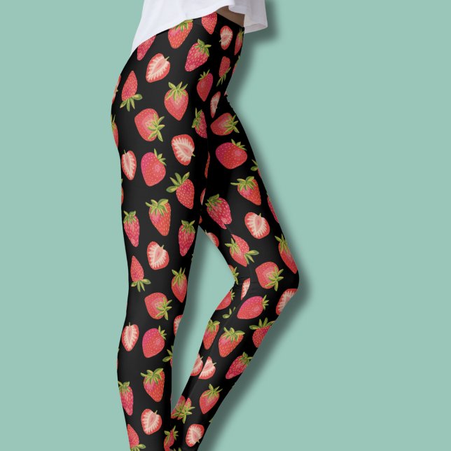 Leggings motif fraise d'été (Strawberry pattern leggings on black background)