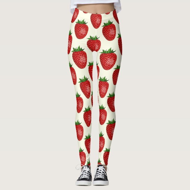 Leggings Motif Fraise, Fraises Rouges, Fruit, Feuille (Devant)