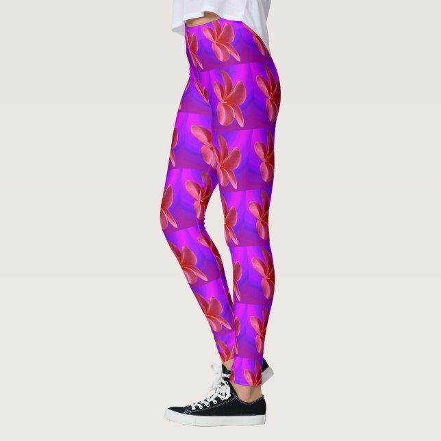 Leggings Motif Frangipani Rose Et Violet, (Gauche)