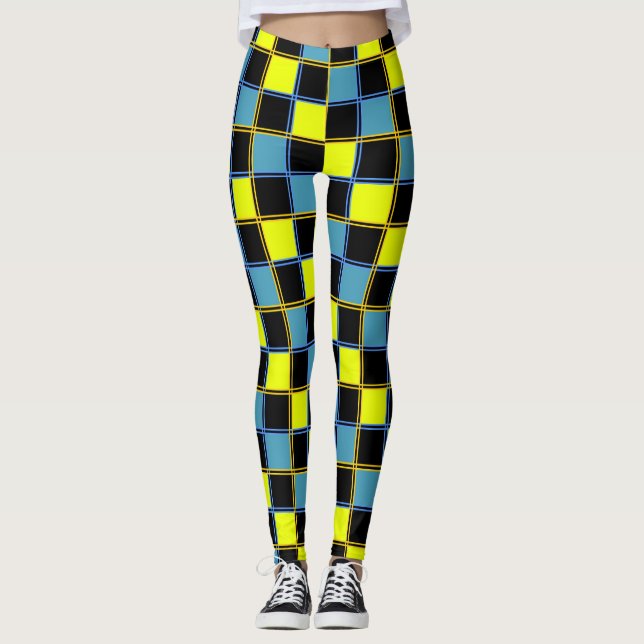 Leggings Motif géométrique à damiers bleu jaune (Devant)
