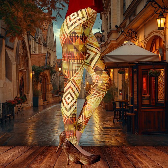 Leggings Motif géométrique Abstrait inspiré par la nature (Modern design leggings showing a nature inspired geometric pattern in a variety of warm fall colors)